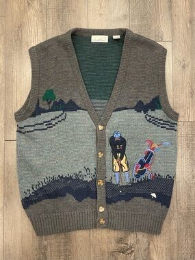 Vintage Arnold Palmer Knit Golf Scene Sweater Vest Men’s XL Golfing Novelty